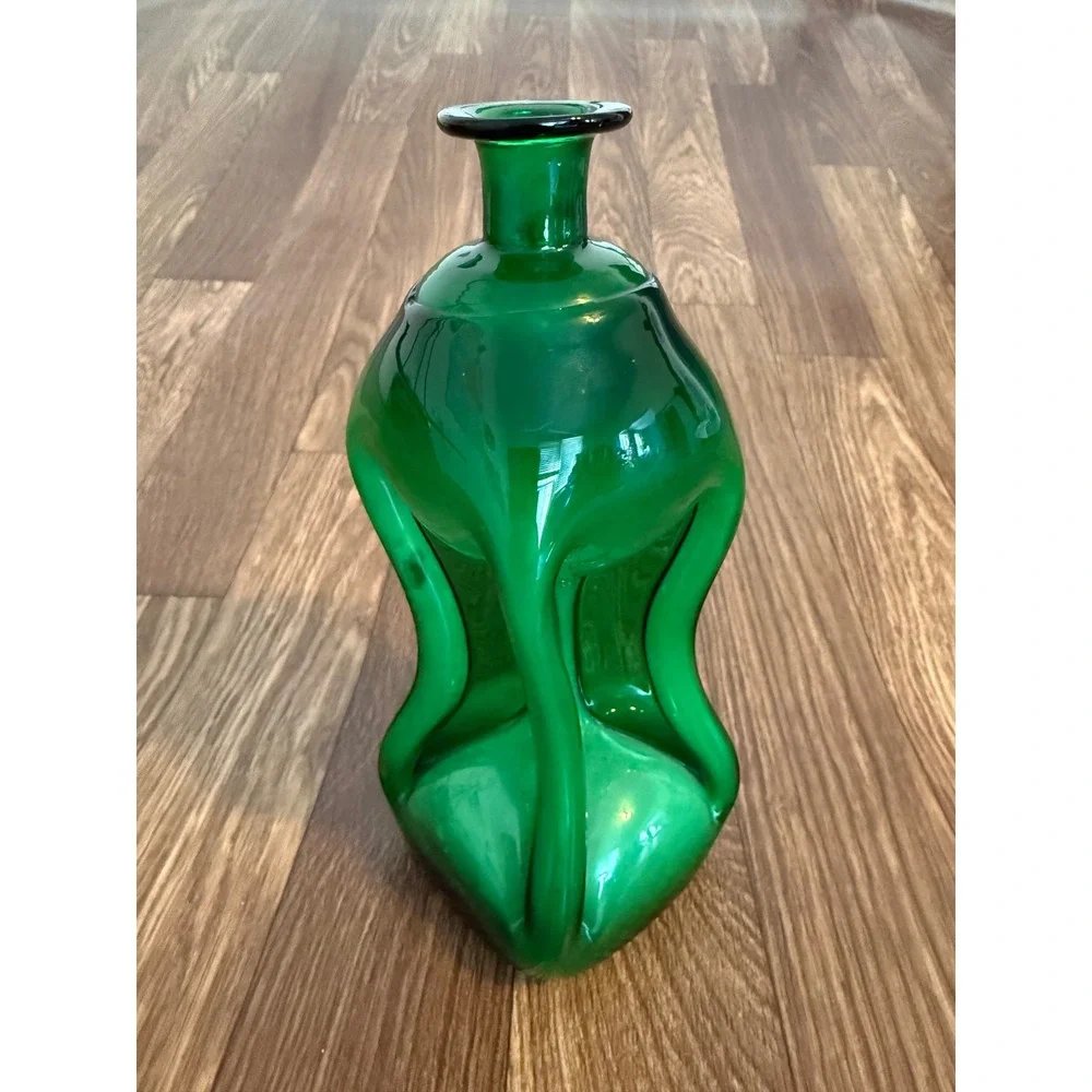 Vintage Emerald Green Pinch Dimple Blown Glass Decanter MCM Art Glass Vase